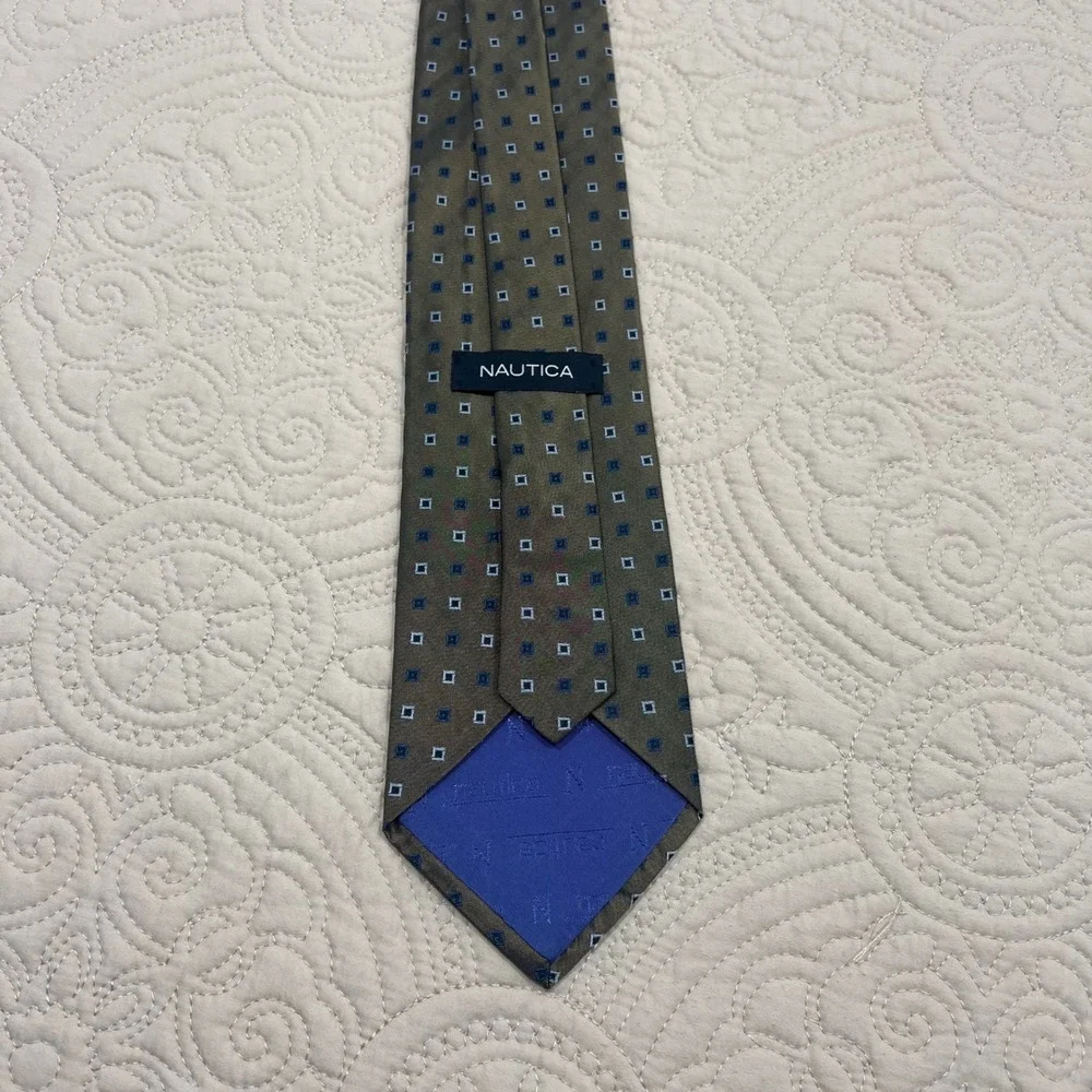 Nautica Mens Silk Tie Olive Green Blue Geometric‎ Square Pattern Classic Necktie